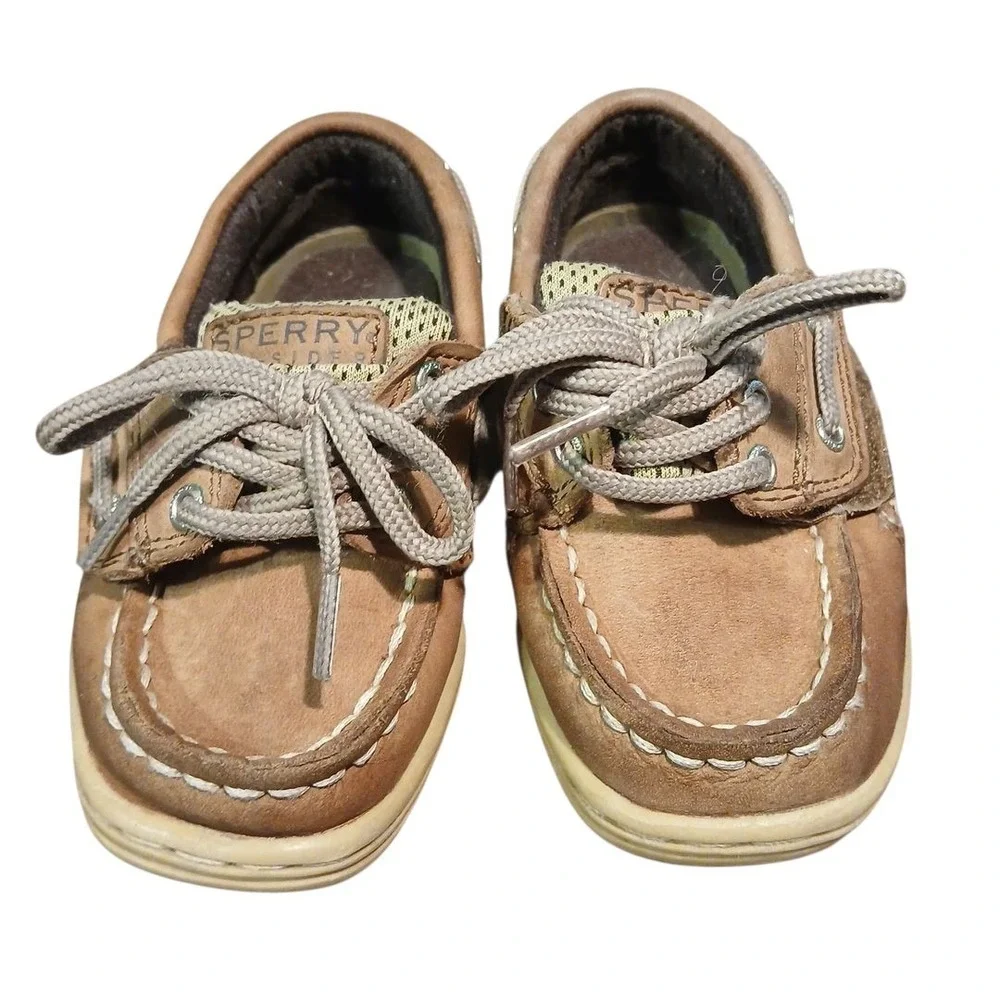 Sperry Toddler Boys Size 5M Top Sider Brown Leather Boat Shoes Hook & Loop Close